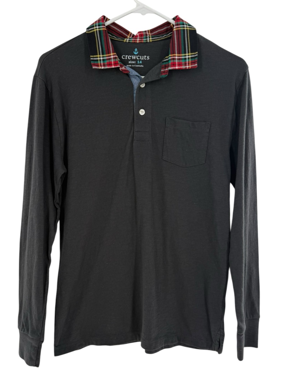 Crewcuts Polo Shirt Boys 14 Gray Long Sleeve Plaid Collar Jersey Cotton